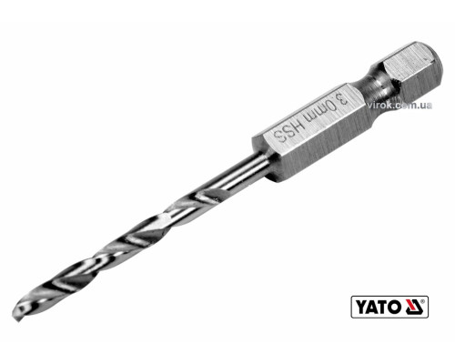 Свердло по металу YATO: HSS6542, Ø=3мм, HEX-1/4", l=61/31мм, для нержав., конструкт.,легов.сталі(DW)