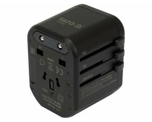 Розетка-адаптер електромережевий 110-240 В, до 8 А YATO з універсальн гніздом з USB,Type-C і вилками