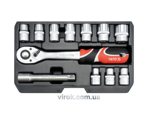 Набор торцевых головок YATO : квадрат 1/2", М10-24 с трещаткой, удлинителем. 12 Шт. [10]