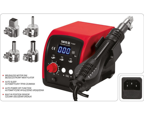 Фен-станція мережева YATO: 750 Вт, t°= 100- 500°С, пов. потік- 120 л/хв, LCD табло, 4 форсунки [8]