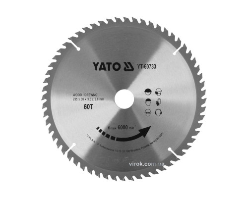 Диск пиляльний победітовий по дереву YATO: 255x30x3.0x2.0 мм, 60 зубців, R.P.M до 6000 1/хв [10]