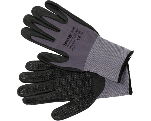 Перчатки рабочие нейлоновые YATO покрыты вспененным нитрилом с накраплением, размер 10, черн-серые [12]