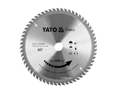 Диск пиляльний победітовий по дереву YATO: 190x20x2.2x1.5 мм, 60 зубців, R.P.M до 8500 1/хв [10/20]