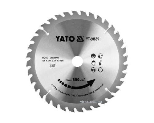 Диск пиляльний победітовий по дереву YATO: 190x20x2.2x1.5 мм, 36 зубців, R.P.M до 8500 1/хв [10/20]