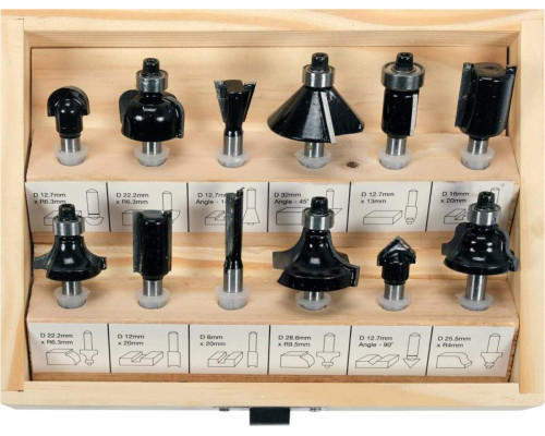 Набір фрез по дереву VOREL, зі шпинделем Ø=6 мм, 12 шт. [20]