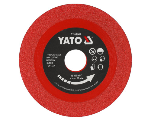 Диск відрізний алмазний по гресу, склу, кераміці YATO Ø=115/22.2х2х15 мм, в сухому режимі [25/200]