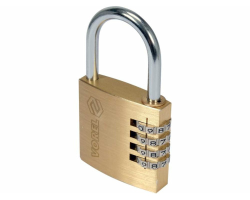 Замок навісний з кодовим замиканням VOREL: латунний корпус- 40х 11,8х39,5 мм, стал дуга- 30х25х 5 мм