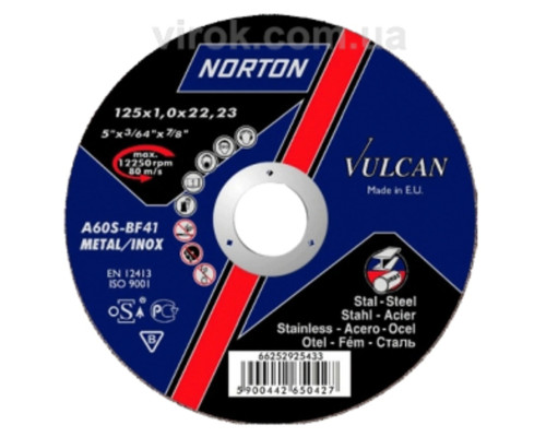 Диск відрізний по металу і нержав. сталі тм "NORTON VULCAN"; Ø= 125х22,2 мм, t= 1,0 мм