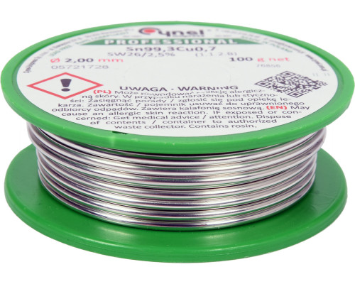 Припій без свинцю CYNEL : Ø2 мм, Sn99,3-Cu0,7 дротяний на котушці з флюсом m= 100 г [30]