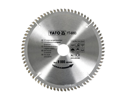 Диск пиляльний по алюмінію YATO, 210х30х3.0x2.2 мм, 72 зубці, R.P.M до 8000 1/хв [10/20]