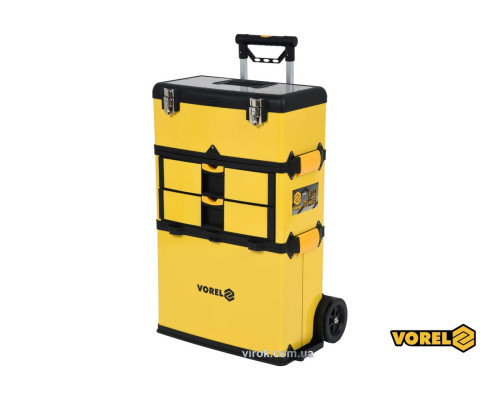 Ящик для инструментов на 2 колесах пластиковый VOREL: 3 секции, 57х37х84.5 см, телеск. ручка 58-98см