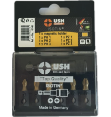 Набір насадок викруткових Isotin USH: 1/4", PH1, PH2, PH3, PZ1, PZ2, PZ3; магнітний тримач, 7 ел.
