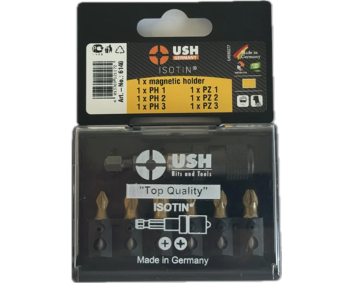 Набір насадок викруткових Isotin USH: 1/4", PH1, PH2, PH3, PZ1, PZ2, PZ3; магнітний тримач, 7 ел.