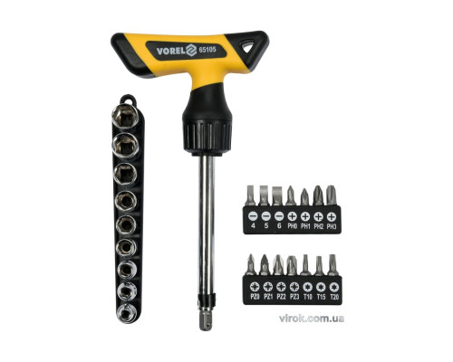 Викрутка реверсивна Т-подібна VOREL: тріщатка, з насадками і головками 1/4". [Набір 25 Елем.] [6/36]