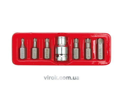 Насадки викруткові (біта) VOREL спеціальні на тріщатку, з квадр. 1/2" в футлярі. Набір 7 шт. [24/72]