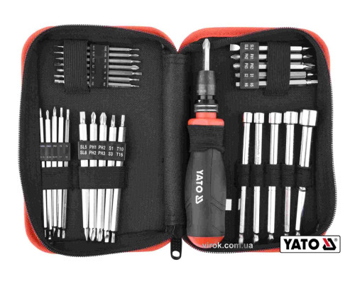 Викрутка реверсивна з набором біт YATO : HEX-1/4", CrV, 28 шт + чохол [6/12]