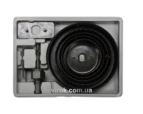 Пили кільцеві по дереву VOREL + свердло Ø=64-127 мм, Набір 8 шт. в кейсі [6/24]