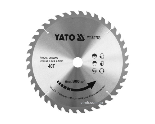 Диск пиляльний победітовий по дереву YATO: 305x30x3.2x2.2 мм, 40 зубців, R.P.M до 5000 1/хв [10]