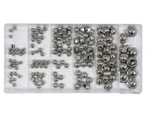 Гайки М3-М10 YATO: замкнутые полусферические, пластиковая коробка; наб. 150 шт. [5/20]