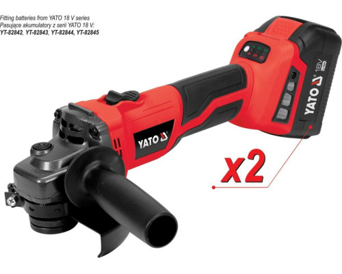 Шліфмашина кутова акумуляторна безщіткова YATO: 2х Li-Ion, 18В, 4 АГод, диск Ø=125мм, повільн. старт