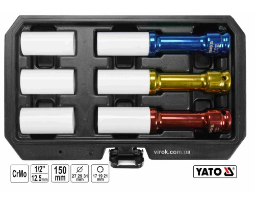 Головки торцеві ударні YATO: квадрат- 1/2", М17,19,21мм l=150мм, Cr-Mo, для алюм. дисків 6 Од. [10]