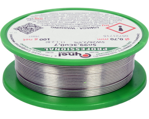 Припій без свинцю CYNEL : Ø0,7 мм, Sn99,3-Cu0,7 дротяний на котушці з флюсом m= 100 г [30]