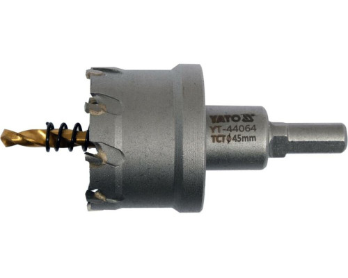 Сверло коронка по металлу TCT YATO: Ø45 x 103 мм, толщ. до 25мм, с направляющим, 6-гран. хвост 3/8" [6]