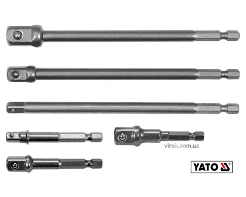 Тримачі-адаптери торцевих головок YATO: квадрат-1/4",3/8",1/2", L=50 і 150мм, HEX-1/4" Cr-V. 6шт[24]