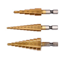 Сверла конические титановые по металлу YATO, HEX-1/4", HSS, для отверстий Ø=3-12мм, 4-12мм,4-20мм; 3шт[40]