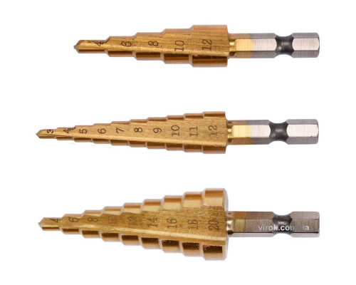 Свердла конічні титанові по металу YATO, HEX-1/4", HSS, для отворів Ø=3-12мм, 4-12мм,4-20мм; 3шт[40]