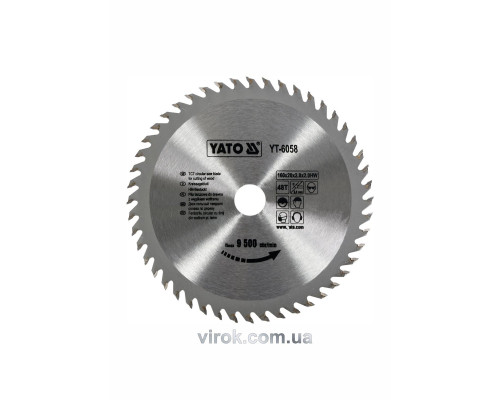 Диск пиляльний победітовий по дереву YATO: 160x20x2.8x2.0 мм, 48 зубців, R.P.M до 9500 1/хв [25/50]
