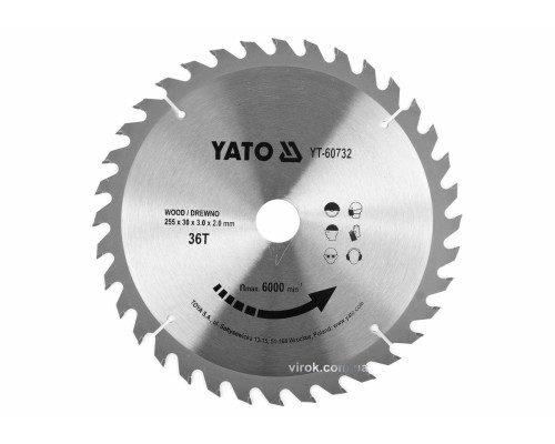 Диск пиляльний победітовий по дереву YATO: 255x30x3.0x2.0 мм, 36 зубців, R.P.M до 6000 1/хв [10/20]