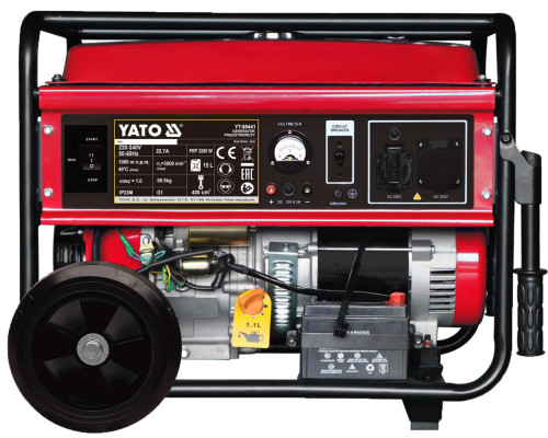 Генератор струму бензиновий YATO: P= 5 кВт, U= 230V AC і 12V DC, витрата- 2.65 л/г, бак- 25 л,AVR