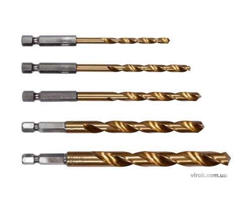 Свердла по металу титанові з хвостовиком YATO : HEX 1/4", Ø= 4, 5, 6, 8, 10 мм. Набір 5 шт. [30/60]