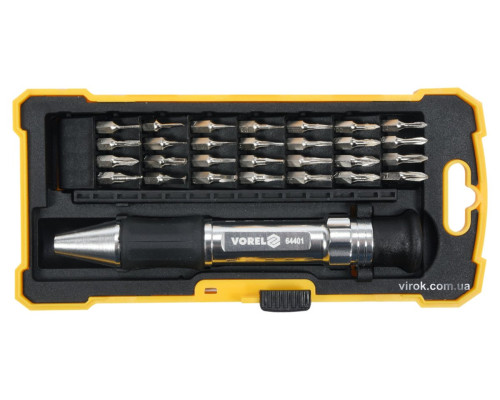 Викрутка VOREL зі змінними прецизійними викрутковими насадками в футлярі, 29 елем. [12/48]