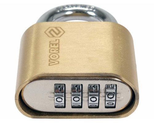 Замок навісний з кодовим замиканням VOREL: латунний корпус- 50х 40 х25 мм, сталева дуга- 23х25х 8 мм