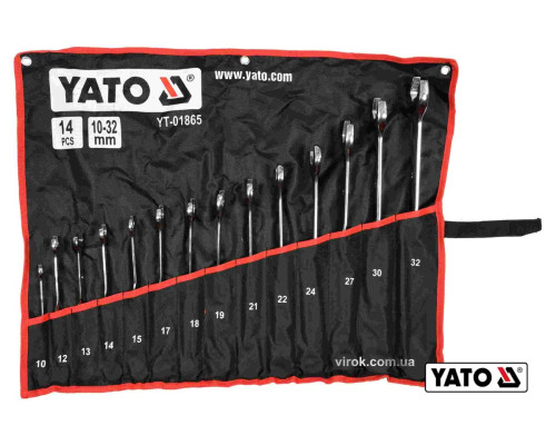 Ключі ріжково-накидні, кручені 90° YATO : М= 10-32 мм, Cr-V, 14 шт [4]