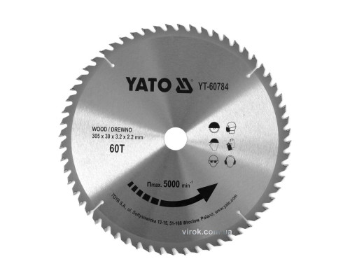 Диск пиляльний победітовий по дереву YATO: 305x30x3.2x2.2 мм, 60 зубців, R.P.M до 5000 1/хв [10]