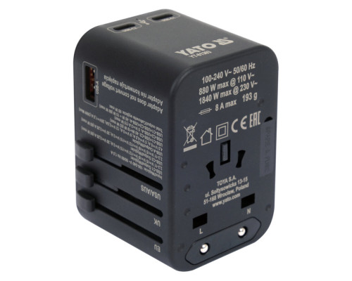Розетка-адаптер мережева YATO 110-240 В, до 8А з універс гніздом і вилками 880/1840 Вт 110/230 В