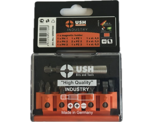 Набір насадок викруткових Industry USH: 1/4", PH1, 2xPH2, PZ1, 2xPZ2, SL4.5-6.5 магніт тримач, 12ел.