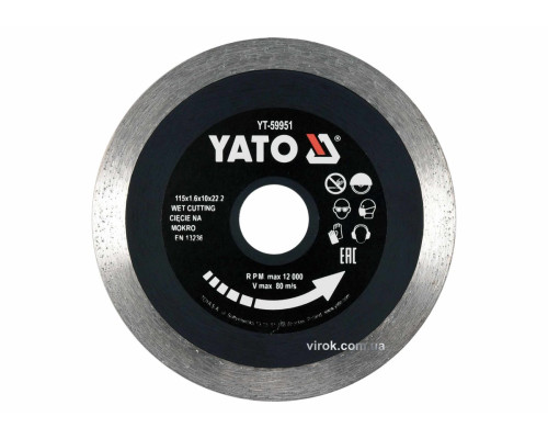 Диск відрізний алмазний по гресу, склу, кераміці YATO Ø=115х1.6х10х22.2 мм,в мокрому режимі [20/200]