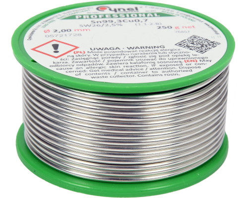 Припій без свинцю CYNEL : Ø2 мм, Sn99,3-Cu0,7 дротяний на коташці з флюсом m= 250 г [20]