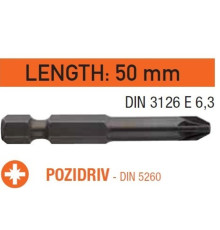 Насадка викруткова USH Industry "тонке жало" Pozidriv PZ3 x 50 мм. подовжена, Уп. 10 шт.