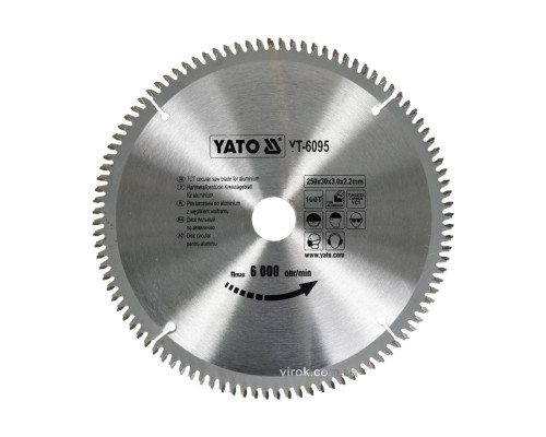 Диск пиляльний по алюмінію YATO, 250х30х3.0x2.2 мм, 100 зубців, R.P.M до 6000 1/хв [10/20]