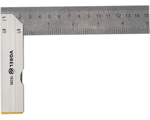 Кутник з рівнем VOREL : L= 150 мм/5", метрична і дюймова шкали, алюміній + сталь [10/60]
