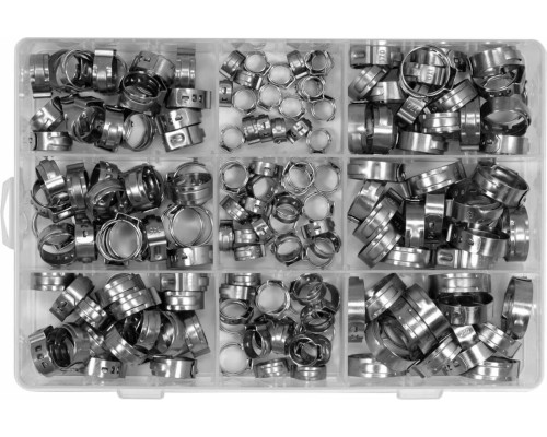 Хомути плавні з 1-м вушком до шлангів YATO різних розмірів Ø= 5,8- 21 мм, 170 шт. [20]