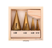 Свердла конічні ступінчасті титанові по металу STHOR: Ø=4-39мм, HSS 4241, 4шт. в дерев. футлярі [20]