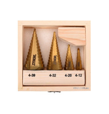 Свердла конічні ступінчасті титанові по металу STHOR: Ø=4-39мм, HSS 4241, 4шт. в дерев. футлярі [20]