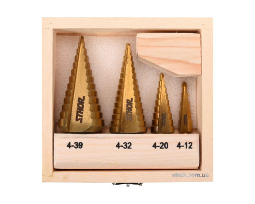 Свердла конічні ступінчасті титанові по металу STHOR: Ø=4-39мм, HSS 4241, 4шт. в дерев. футлярі [20]