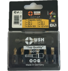 Набір насадок викруткових Isotin USH: 1/4", PH1, PH2, PZ1, PZ2, SL5.5, SL6.5 магнітний тримач, 7 ел.